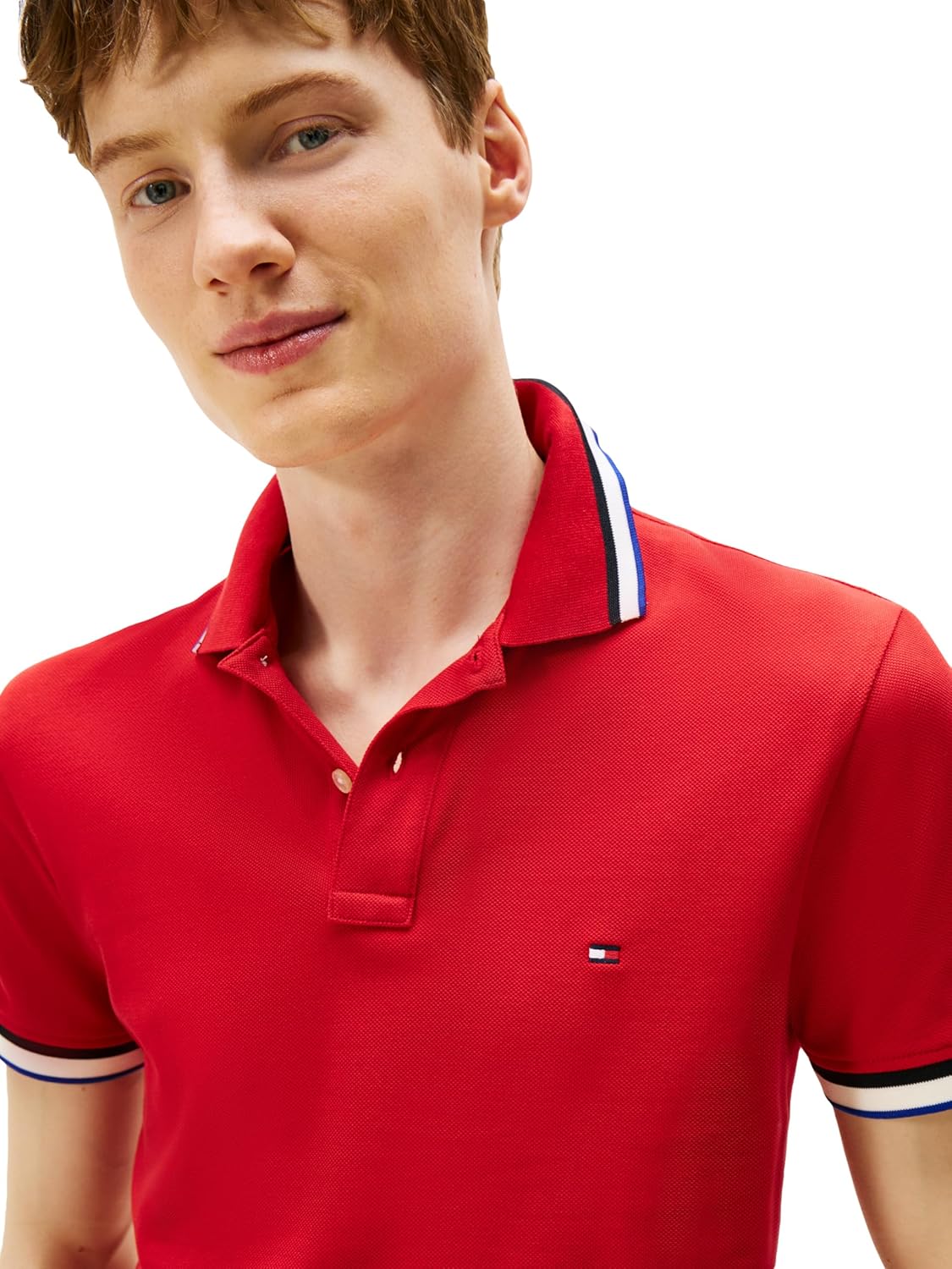 Мужские повседневные рубашки-поло Tommy Hilfiger с коротким рукавом, облегающего кроя, с эластичными манжетами, Medium Red — фото 2