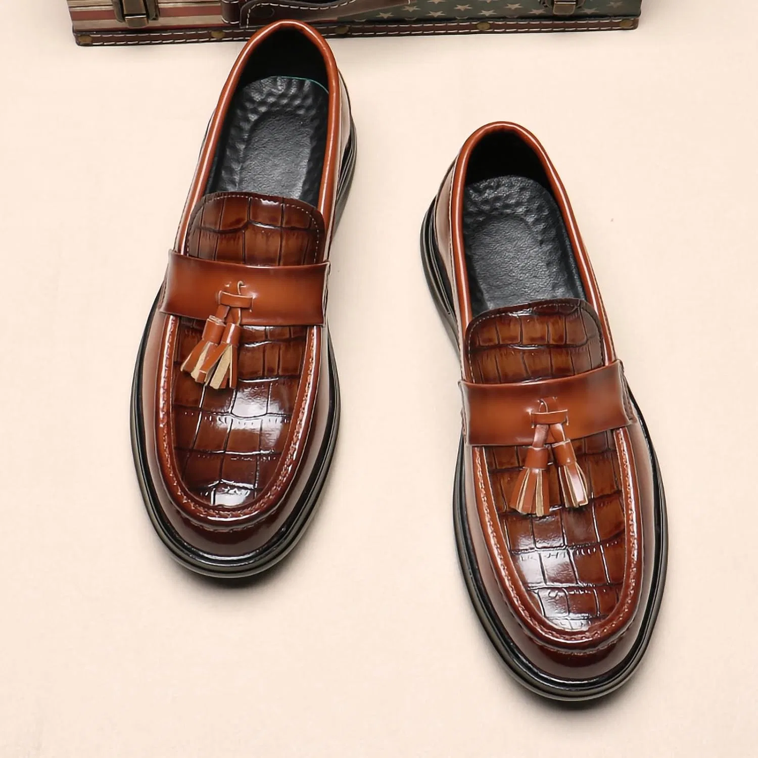 Лоферы с кисточками, Croc Pattern, PU кожа, Men's, Penny Loafers, Light Brown — фото 3
