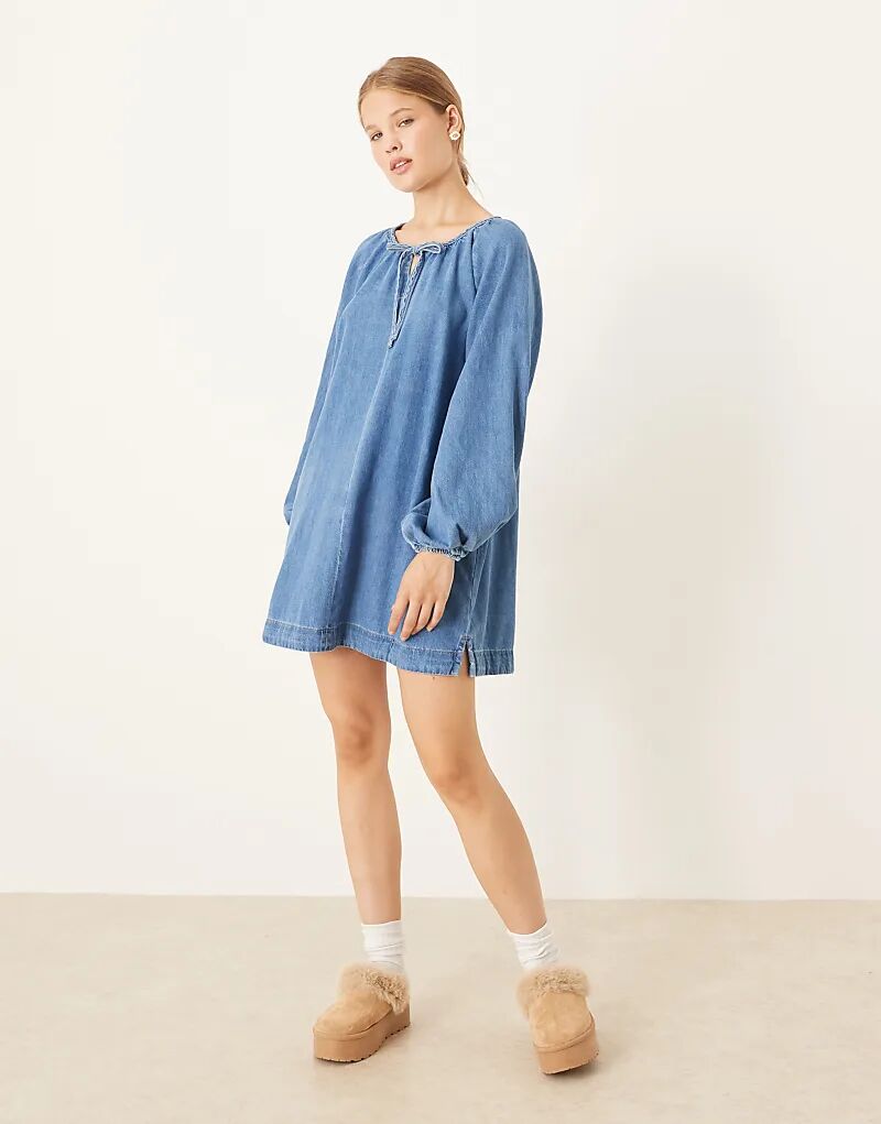 

Джинсовое мини-платье ASOS DESIGN с рукавами-фонариками, цвет: чистый, средне-белого цвета