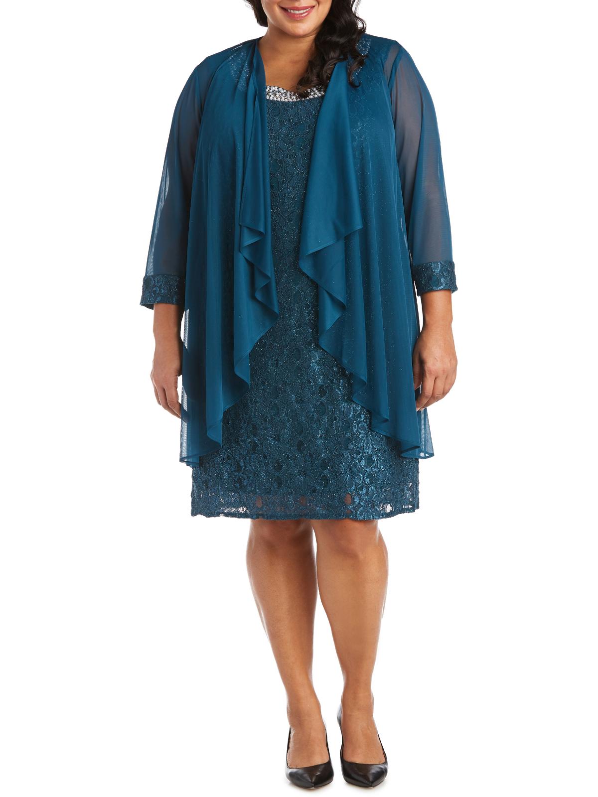 

Плюс Женское кружевное платье с цветочным принтом и жакетом R&M Richards, цвет peacock