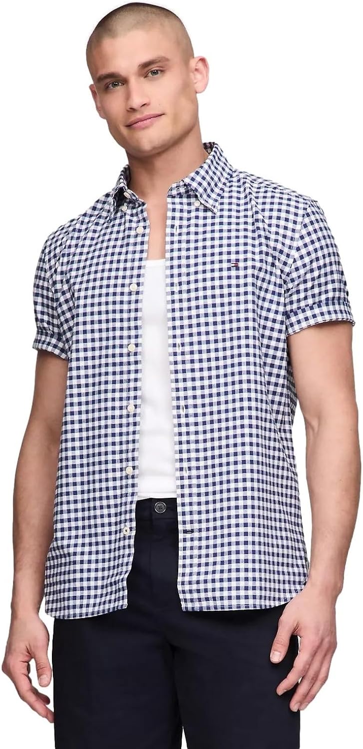 

Мужская рубашка-оксфорд с коротким рукавом, классического кроя, Tommy Hilfiger, коллекция 2024, размер S, белый, Gingham Navy.