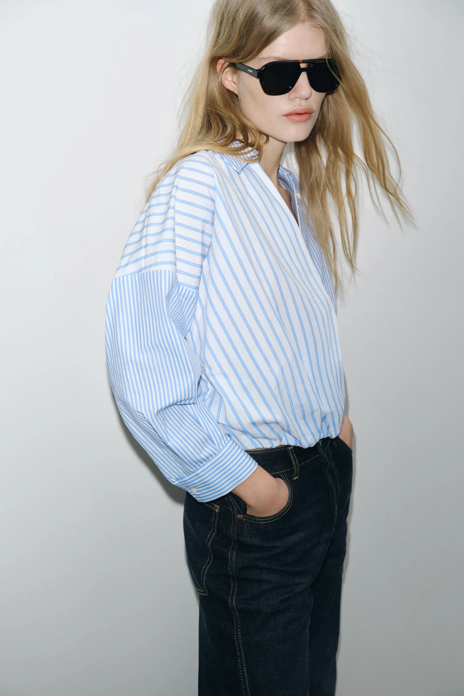 Zara Полосатая лоскутная рубашка из поплина — фото 4