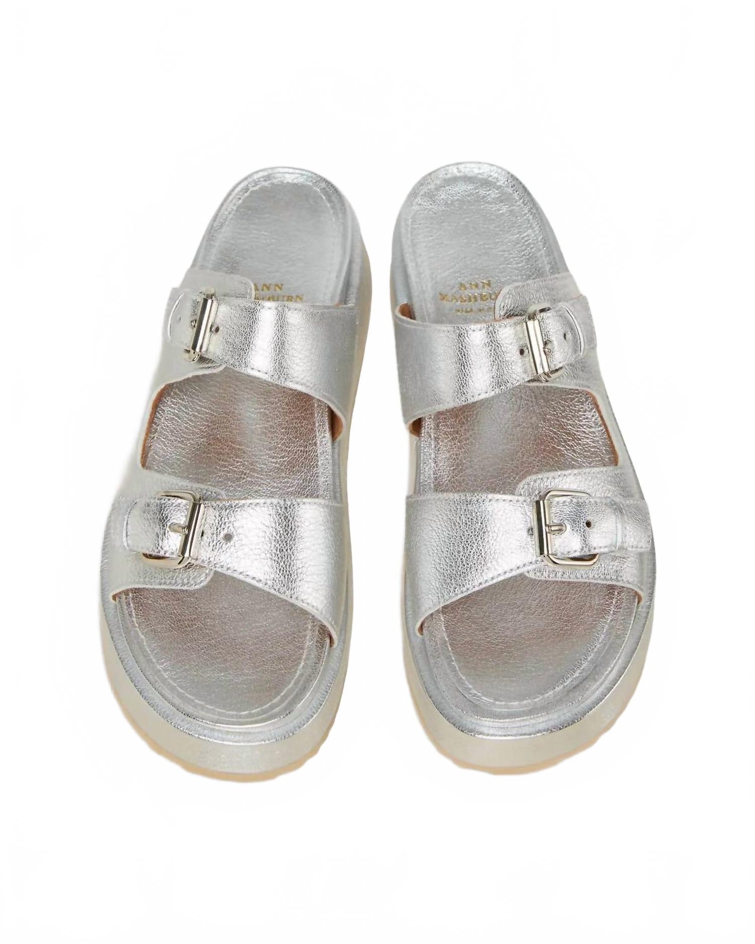 Women's Double Buckle Platform Sandal In Silver Leather Ann Mashburn