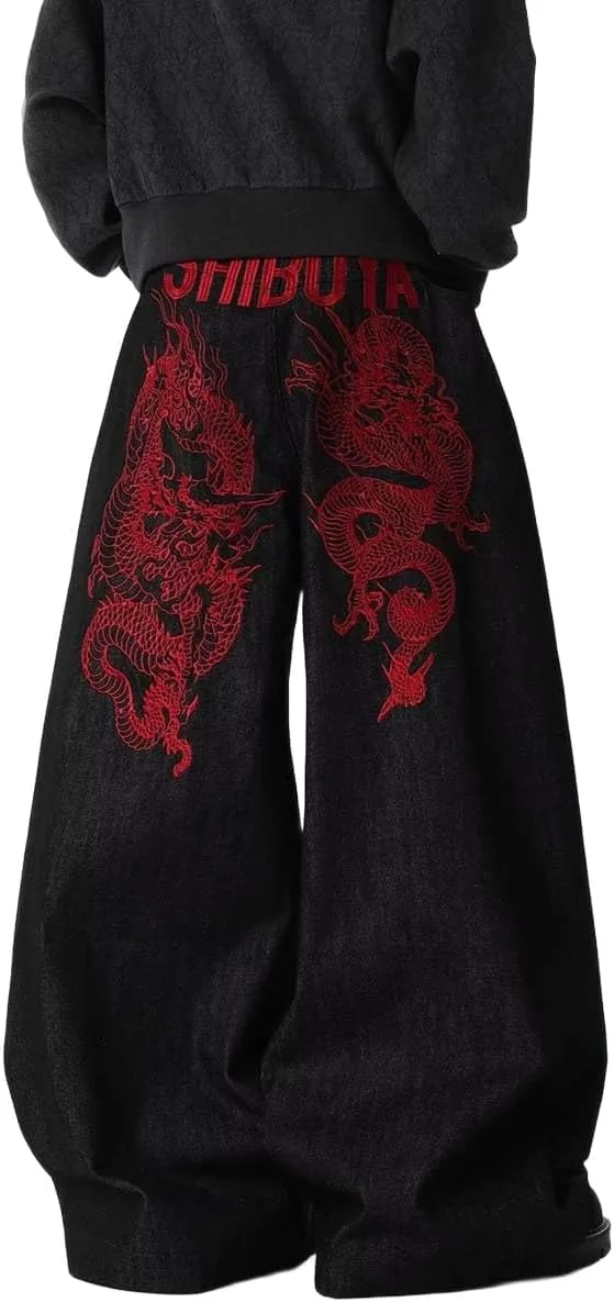 

Y2K джинсы с вышивкой дракона для женщин и мужчин — широкие брюки багги MLAFE