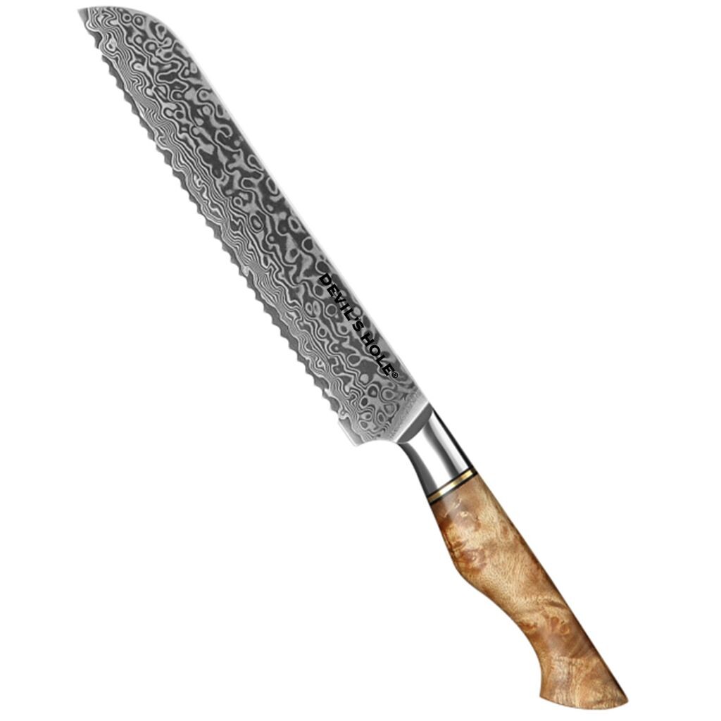 

Нож Devil's Hole Sycamore Damascus | Нож для хлеба 7,5 дюймов | 67 слоев | Ручка ручной работы Devils's Hole