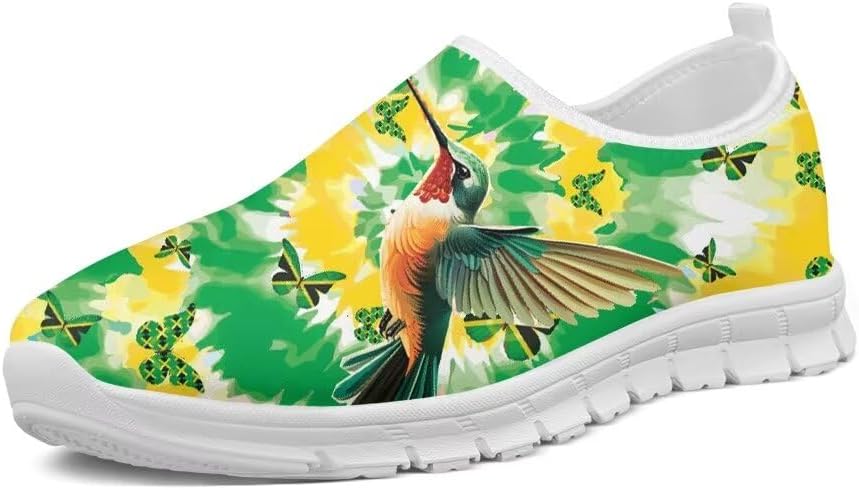 

Кроссовки Forchrinse Green Hummingbird с ямайским флагом для женщин на скользящей подошве, мужские прогулочные кроссовки, легкие лоферы с поддержкой свода стопы, дышащие, Hummingbird Jamaican Flag