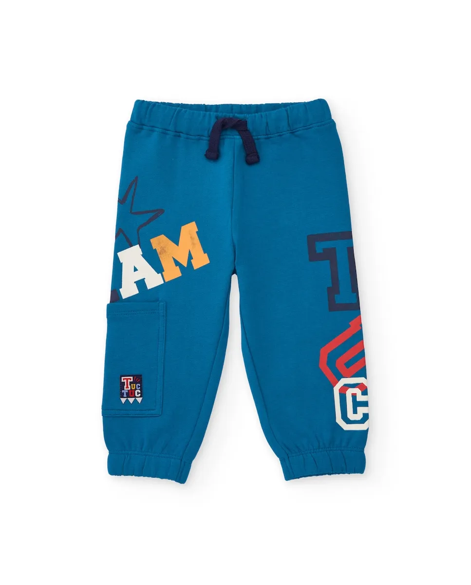 

Флисовые брюки для мальчика синего цвета с графическим принтом и боковым карманом Tuc tuc