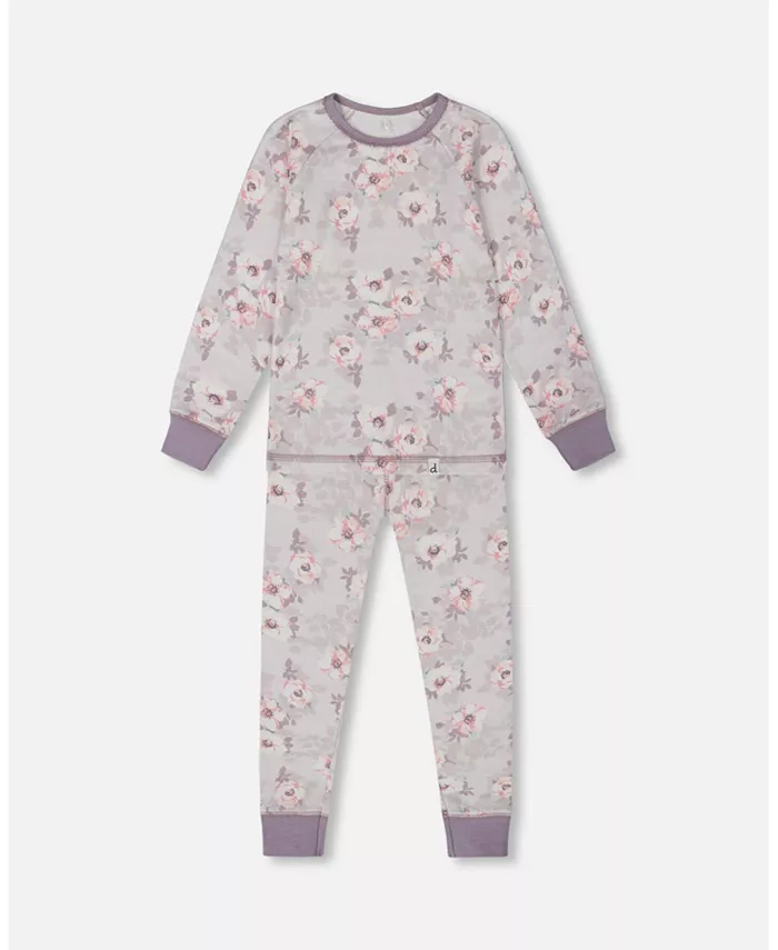 

Пижамный комплект из хлопка с длинными рукавами и штанами для девочек, бледно-розовые цветы на нейтрально-сиреневом фоне - Малыш|Ребёнок Deux par Deux, фиолетовый