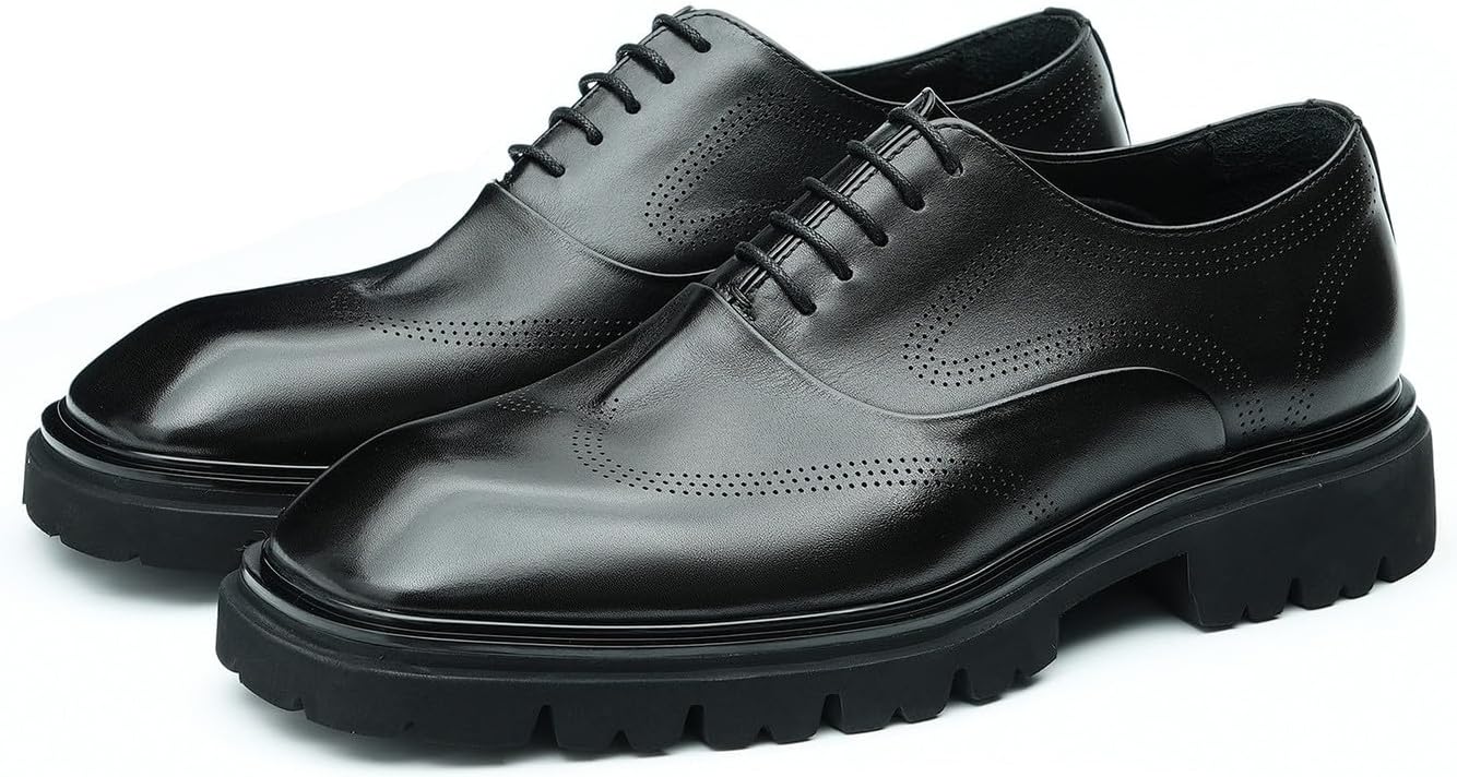 

Мужские оксфорды с крыльями Santimon - классические элегантные броги с шнуровкой, верх из натуральной кожи и амортизирующая стелька для бизнеса, офиса и свадеб, черный