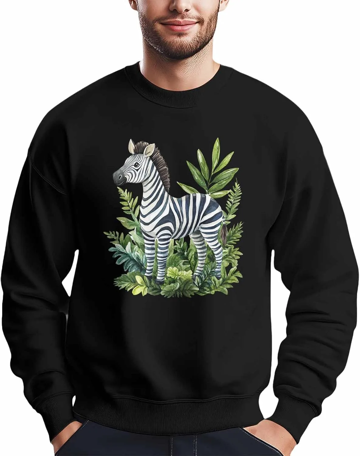 

Мужской свитшот с принтом тропических растений и зебры, Crewneck, Long Sleeve Winvebermior