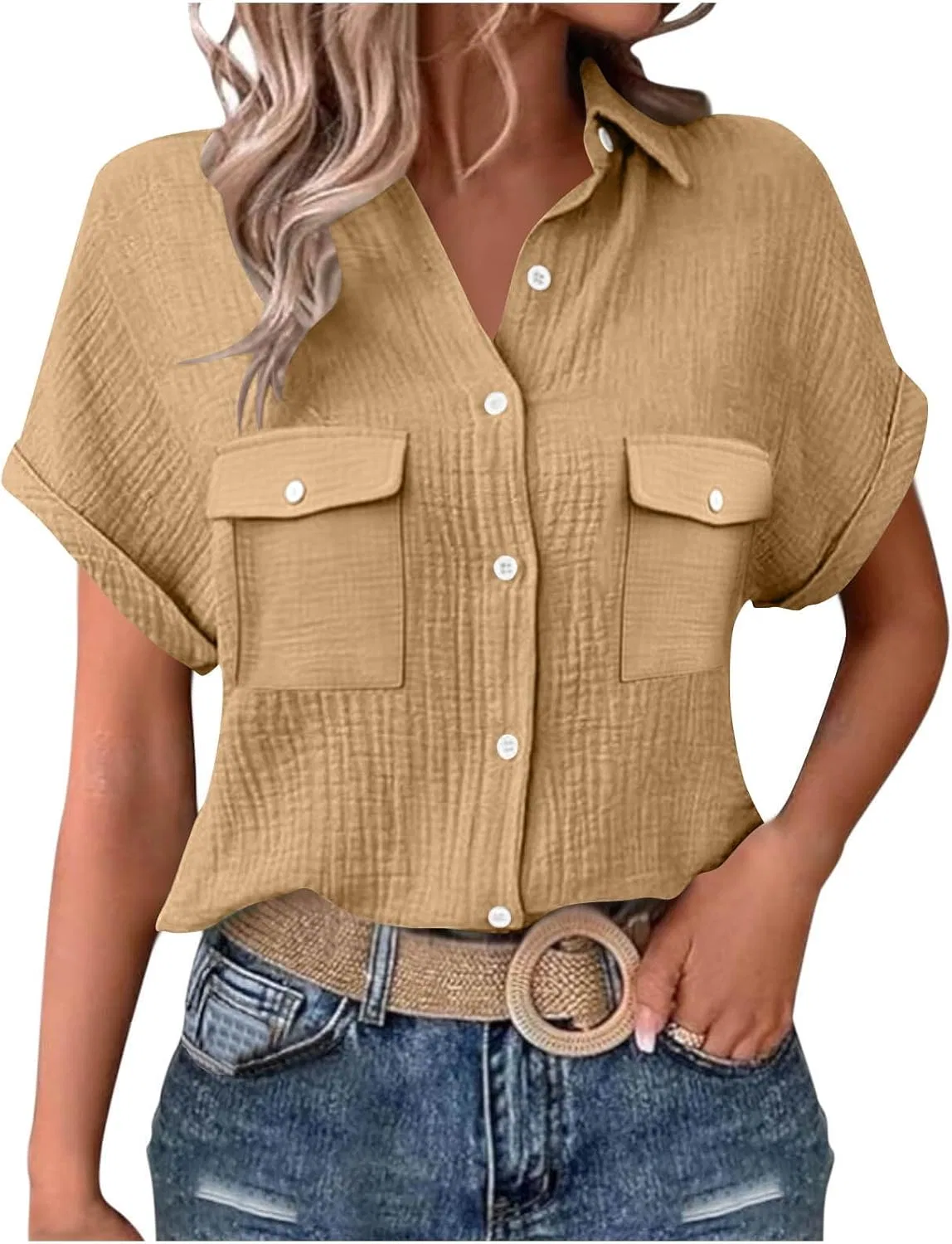 Блуза с воротником и коротким рукавом, текстурированная, с карманами, 2#khaki