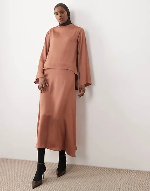 

Короткая юбка-комбинация миди из чеканного атласа IAAL ржавого цвета