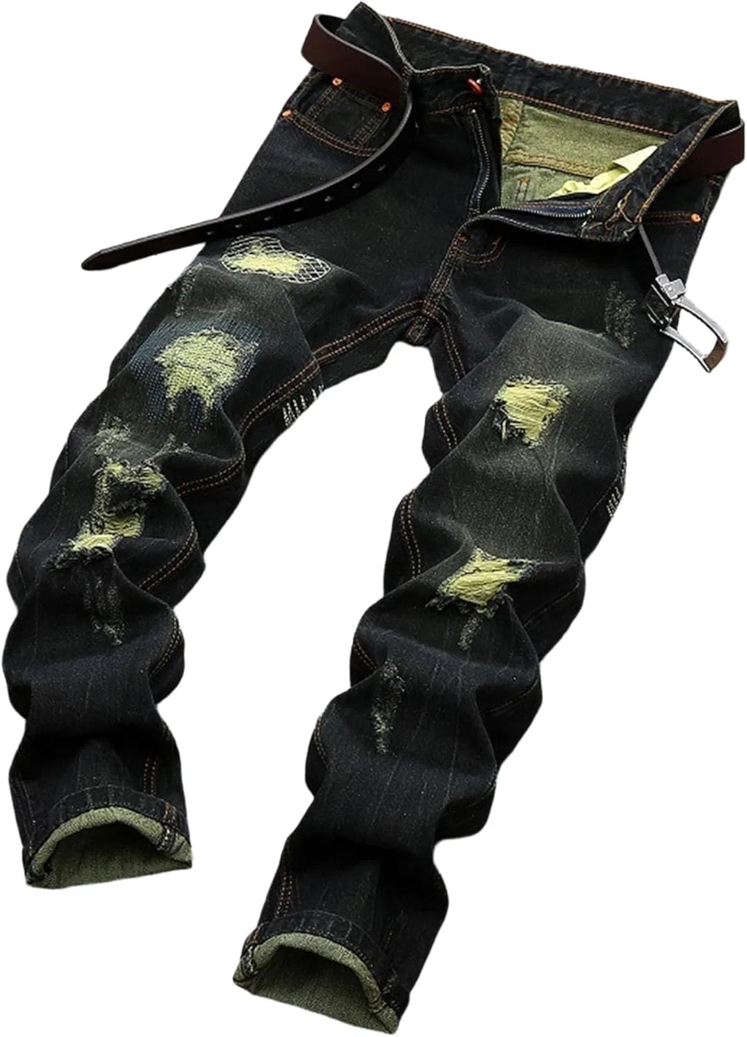 Джинсы с рваными элементами, Men's Ripped Slim Fit Moto Biker Jeans, Black — фото 4