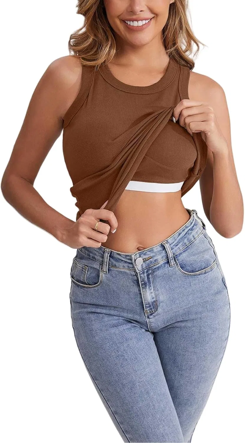 Топ на бретелях с встроенным бюстгальтером, Ribbed Knit, Brown