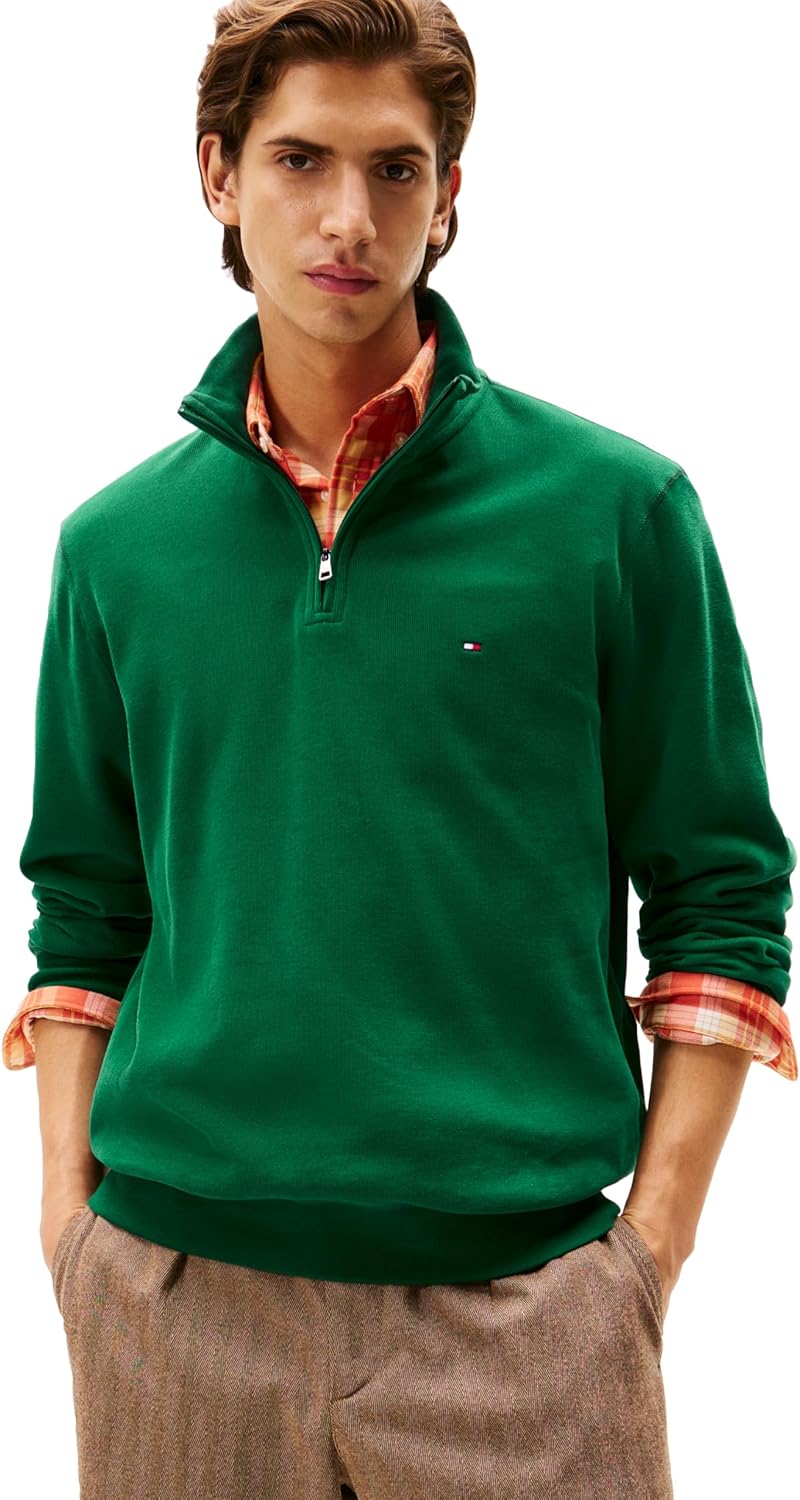

Мужская толстовка Tommy Hilfiger средней плотности с рубчатой отделкой и молнией 1/4, Ornamental Green