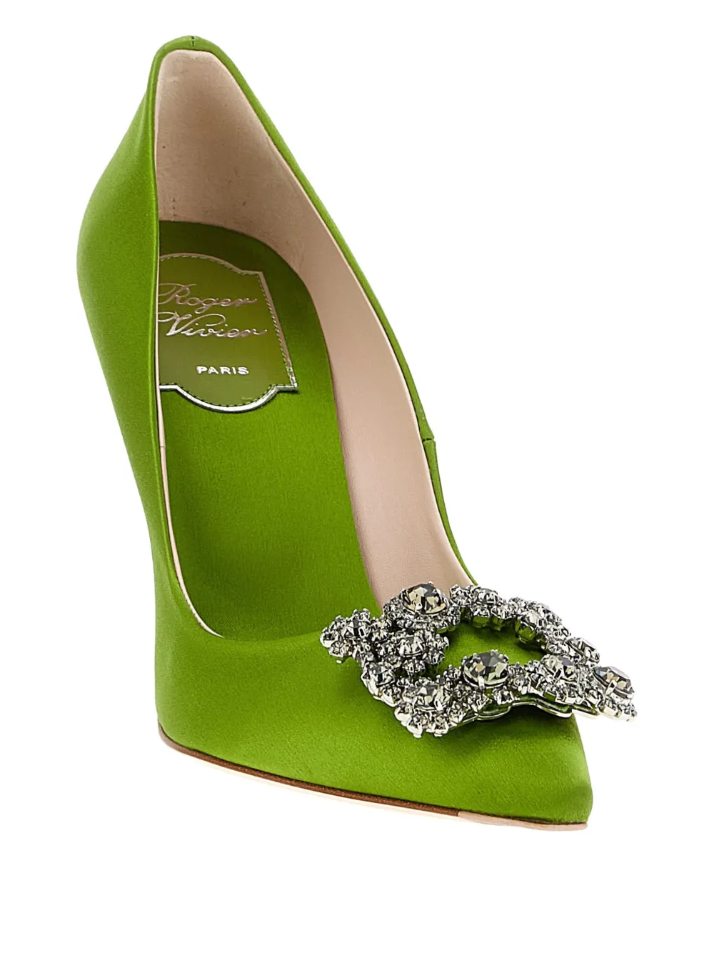 Туфли на каблуке 100 мм с цветочным принтом и стразами Roger Vivier, зеленый — фото 2