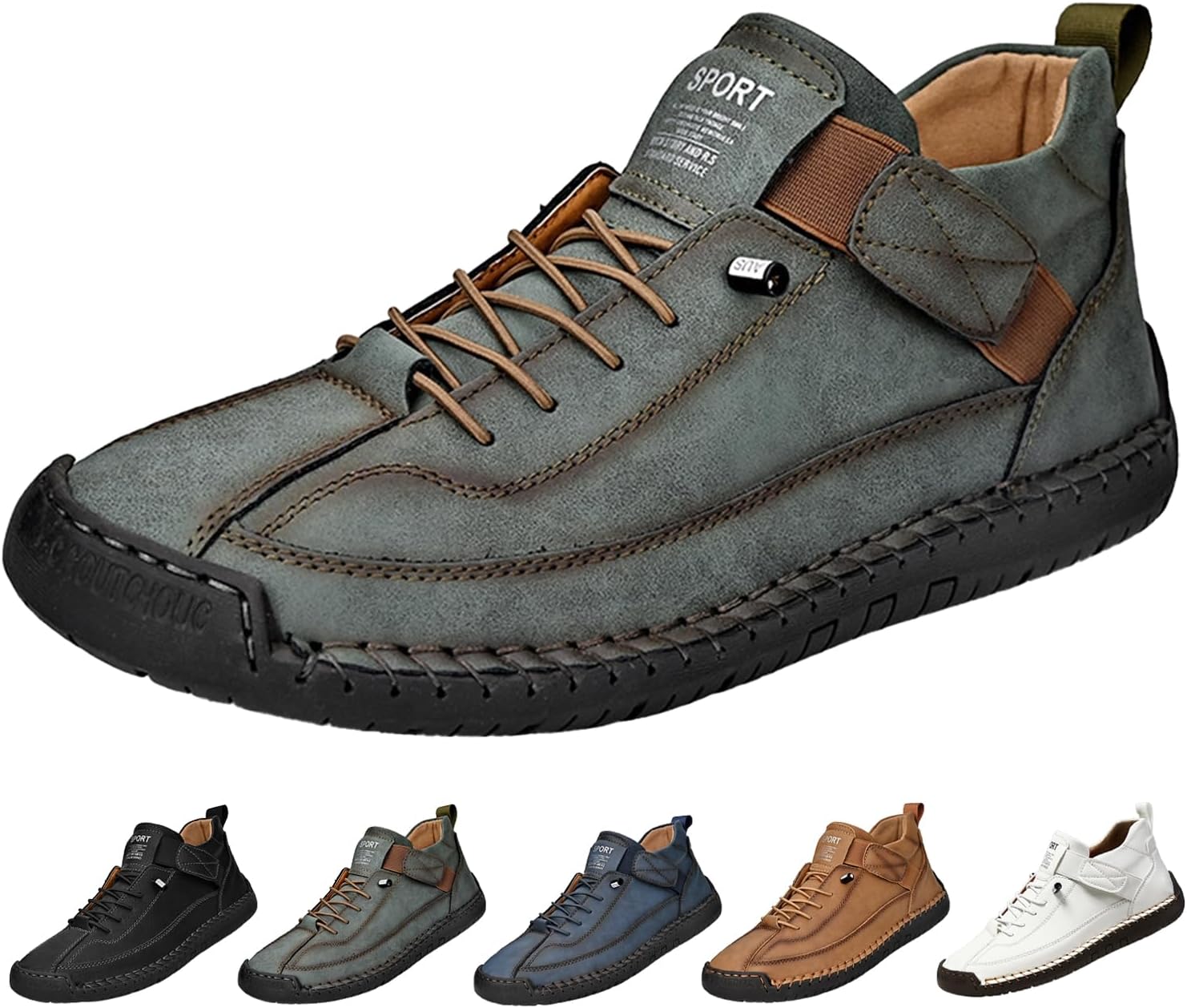 

Мужские повседневные походные кроссовки на открытом воздухе, винтажные модные кроссовки с ручной строчкой, кожаные, удобные, нескользящие, с легким надеванием, для путешествий и бега Hneowgn, зеленый