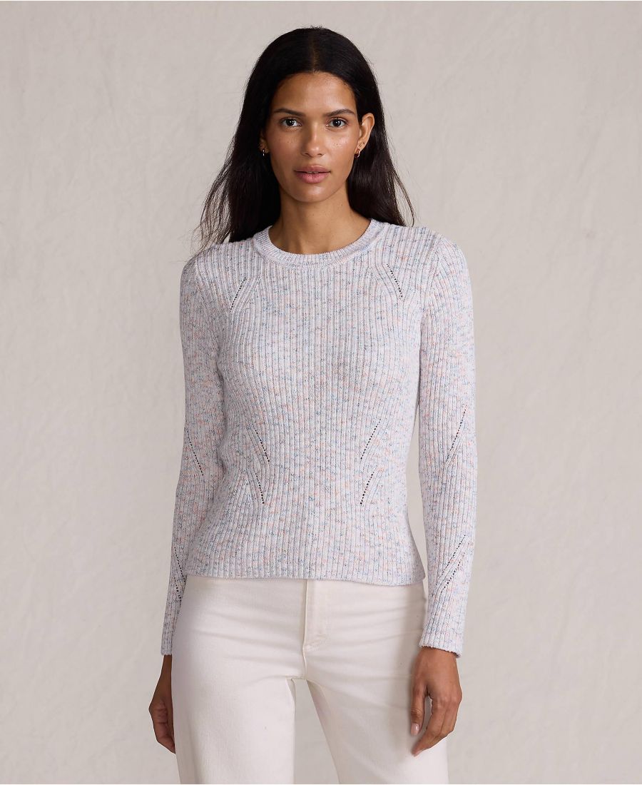 

Женский свитер из смесовой хлопковой ткани с меланжевым ребристым вырезом и круглым вырезом Lands' End, Sunset sorbet space dye