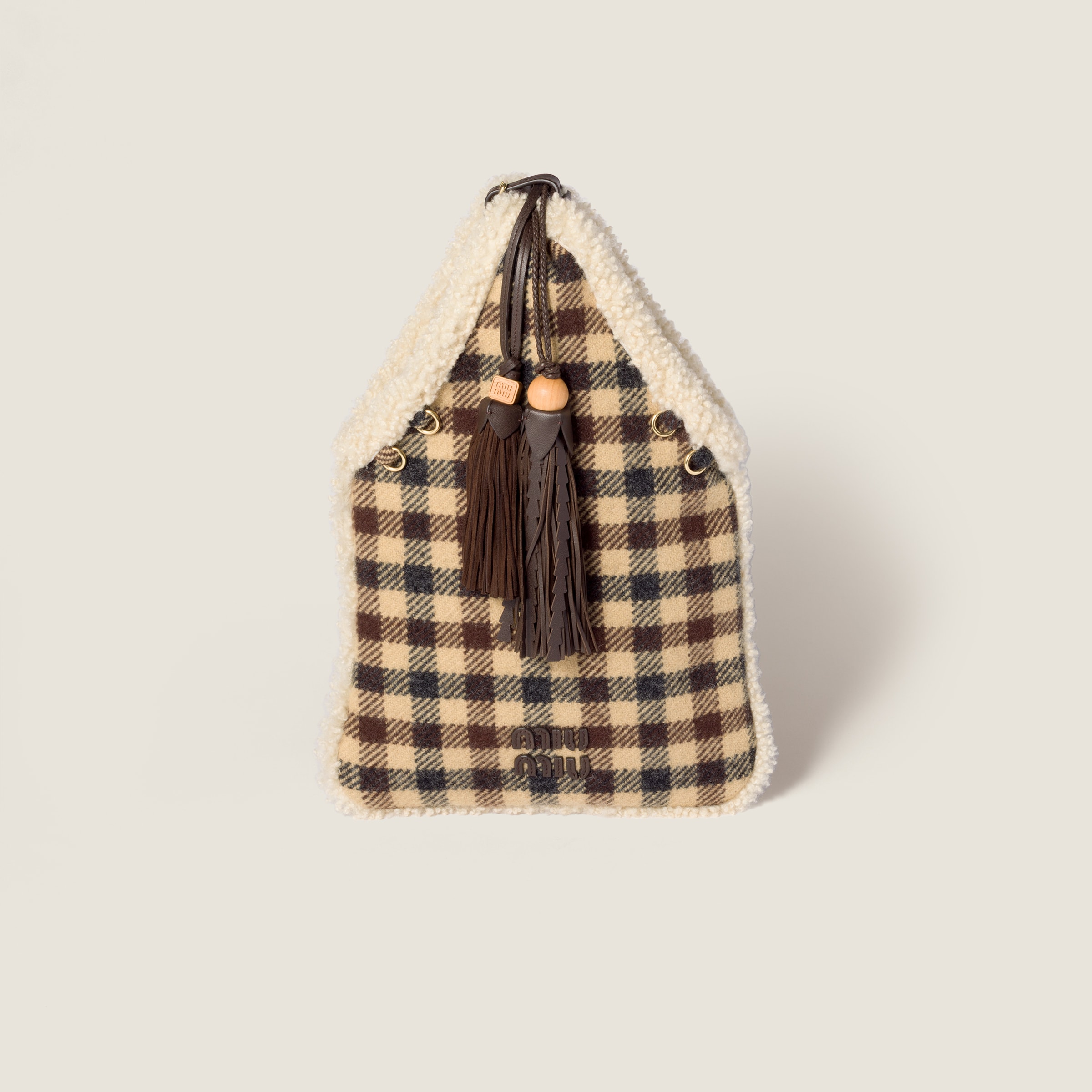 

Сумка из ткани в клетку и овчины MIU MIU, кэмел бежевый/синий