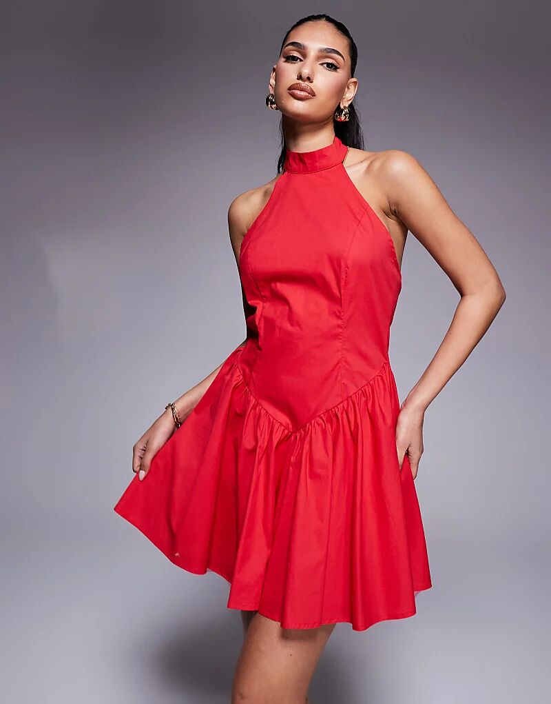 

Эксклюзивное мини-платье Kaiia из хлопка с вырезом халтер и глубоким вырезом на спине, с заниженной V-образной талией, красного цвета
