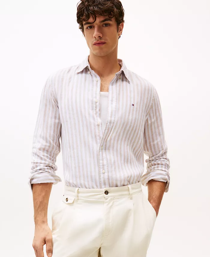 

Мужская классическая полосатая льняная рубашка Tommy Hilfiger, коричневый/бежевый