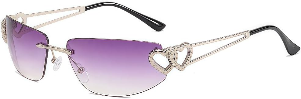 

Женские безободковые солнцезащитные очки с оправой в форме сердца и декоративными элементами, роскошные дизайнерские солнцезащитные очки без оправы прямоугольной формы, очки в стиле Y2K ICARA, Silver - Purple