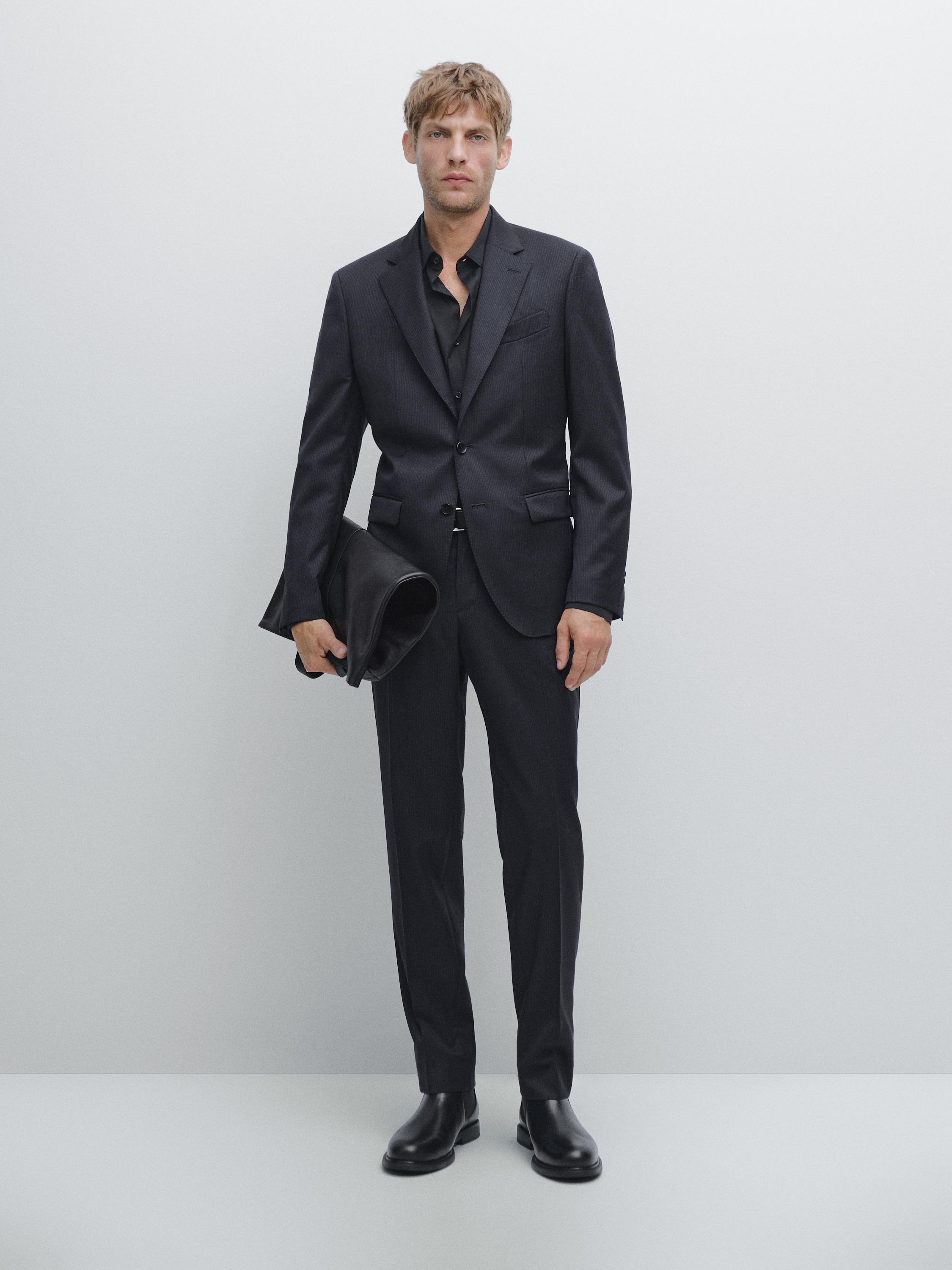 

Брюки из шерстяного костюма в тонкую полоску Massimo Dutti, темно-синий