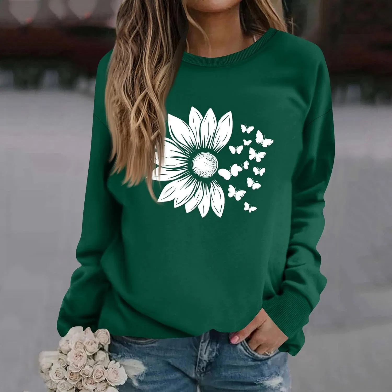 Женский свитшот с цветочным принтом, свободный крой, длинный рукав, 2-dark Green — фото 2