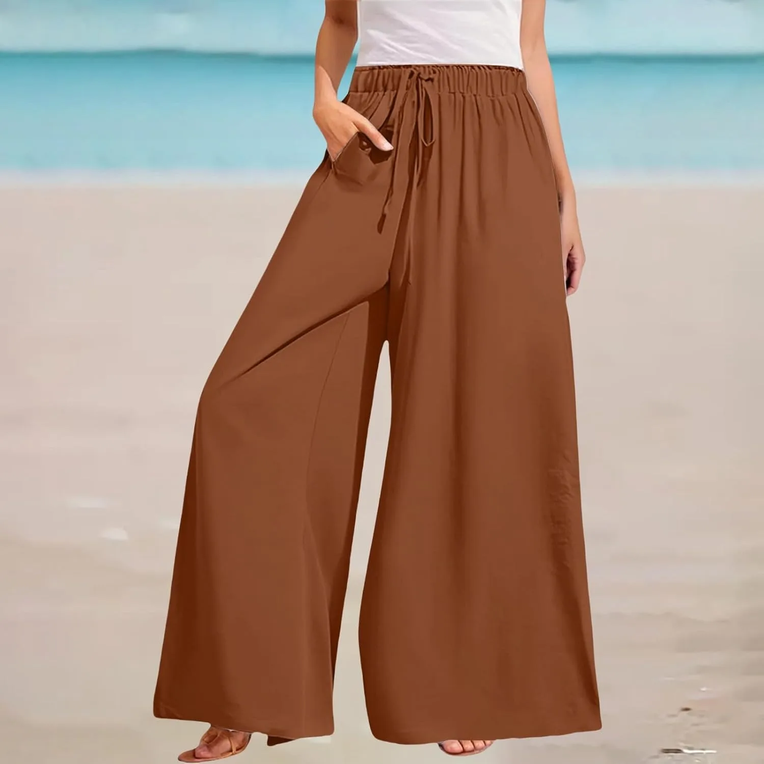 Женские брюки Plus Size с широкими штанинами, высокой талией, свободного кроя, повседневные палаццо, лето 2025, для отдыха, бохо, пляжные, с карманами Generic, коричневый — фото 4