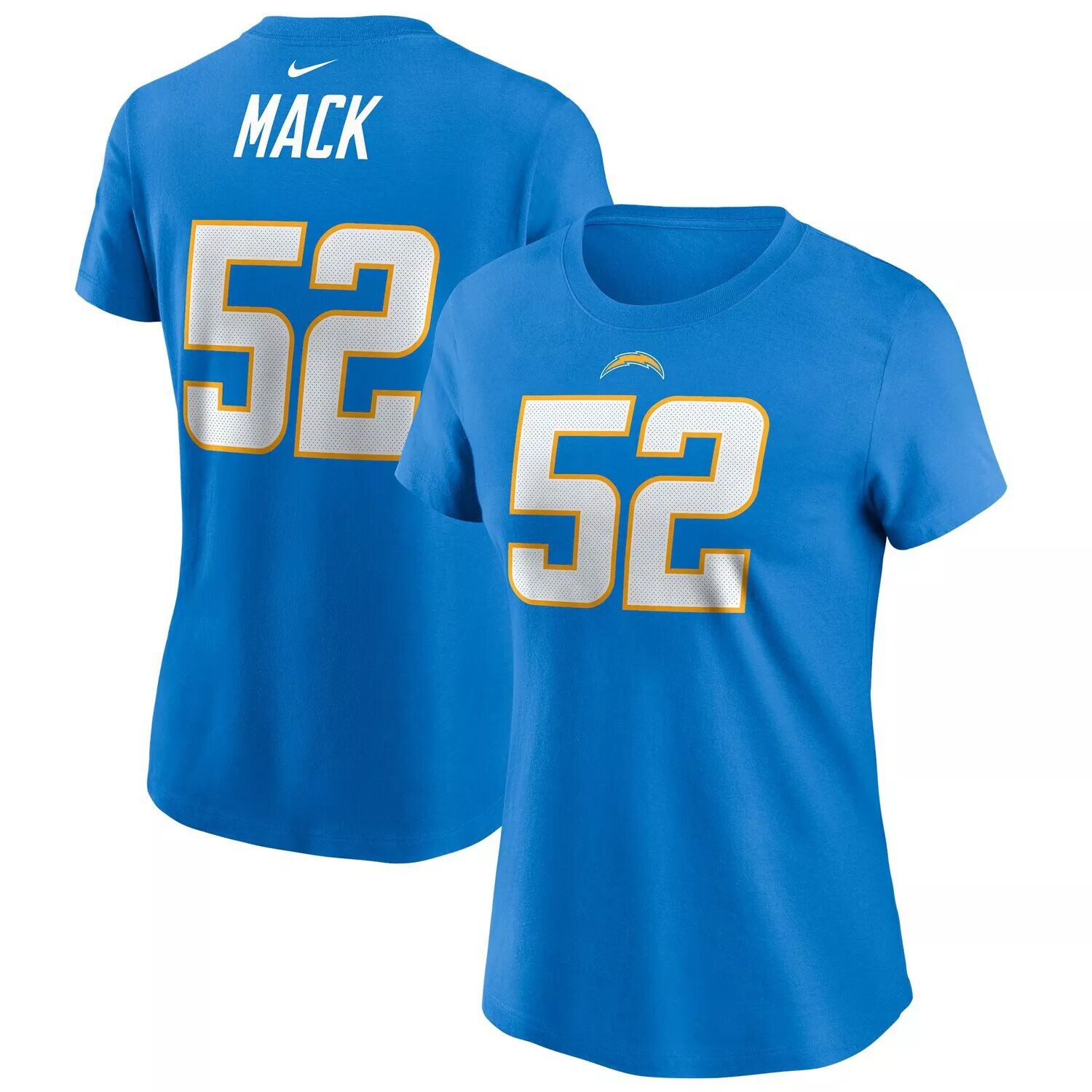 

Женская футболка Nike Khalil Mack Powder Blue Los Angeles Chargers с именем и номером игрока Nike