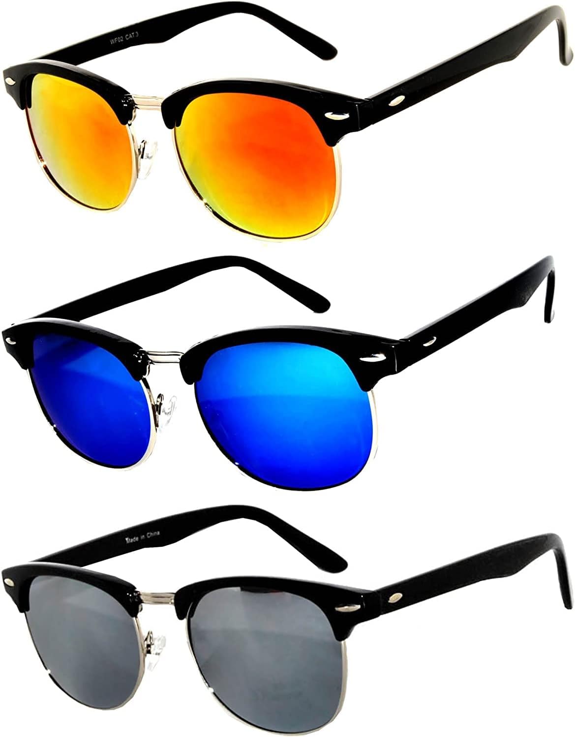 

OWL Набор 3 полуободковых солнцезащитных очков, металл/пластик, UV400, дымчатые тонированные зеркальные линзы, ретро, Black/Red Mirror, Black/Bluegreen Mirror, Black/Mirror