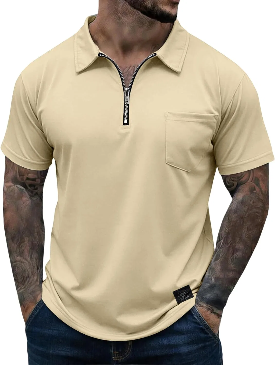 Мужское поло с коротким рукавом, воротник-стойка, молния, быстросохнущее, Y014-khaki