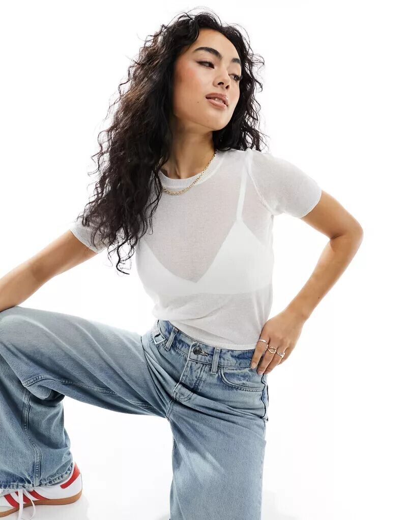 Белая укороченная прозрачная трикотажная футболка ASOS