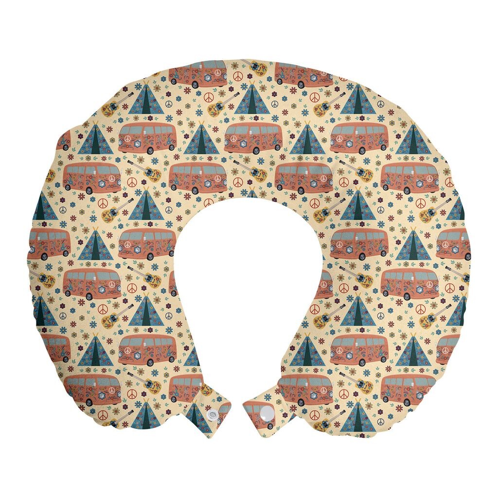 

ABAKUHAUS Подушка для путешествий в стиле ретро, ​​поддержка шеи, узоры хиппи-фургон и вигвам, дорожный предмет из пенопласта для самолета и автомобиля, 30x30 см, темно-лососевый и грифельно-синий