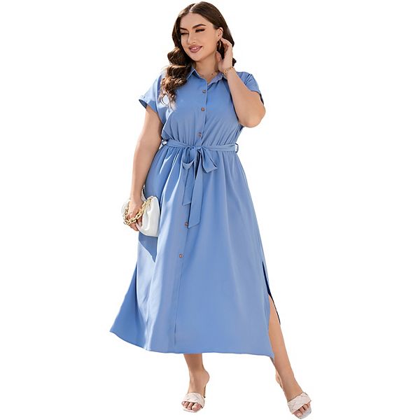 

Платье-рубашка с лацканами Plus size для женщин с коротким рукавом и боковым разрезом Seoria, Light Blue