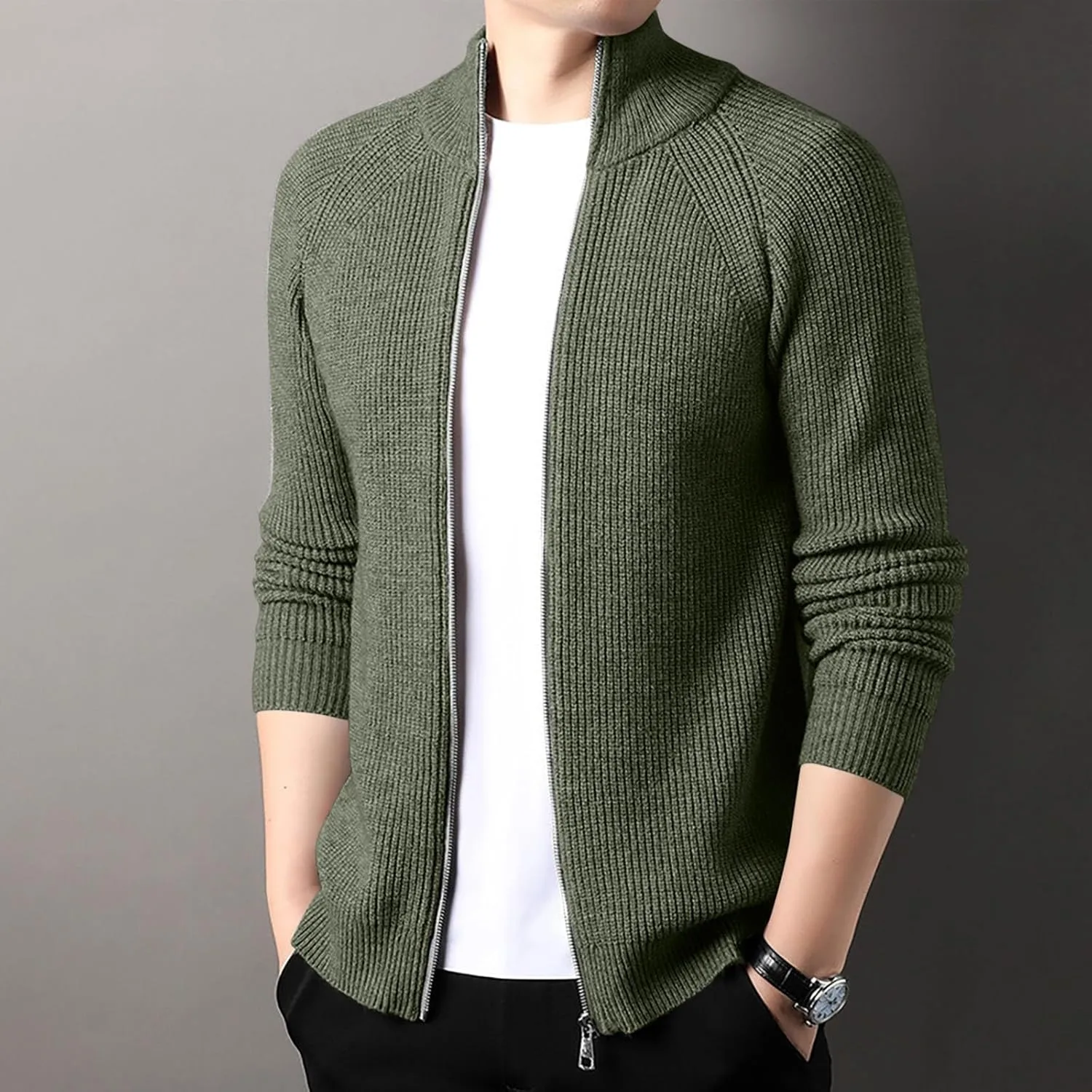 Мужской кардиган с воротником стойкой на молнии, slim fit, для осени и зимы — фото 2