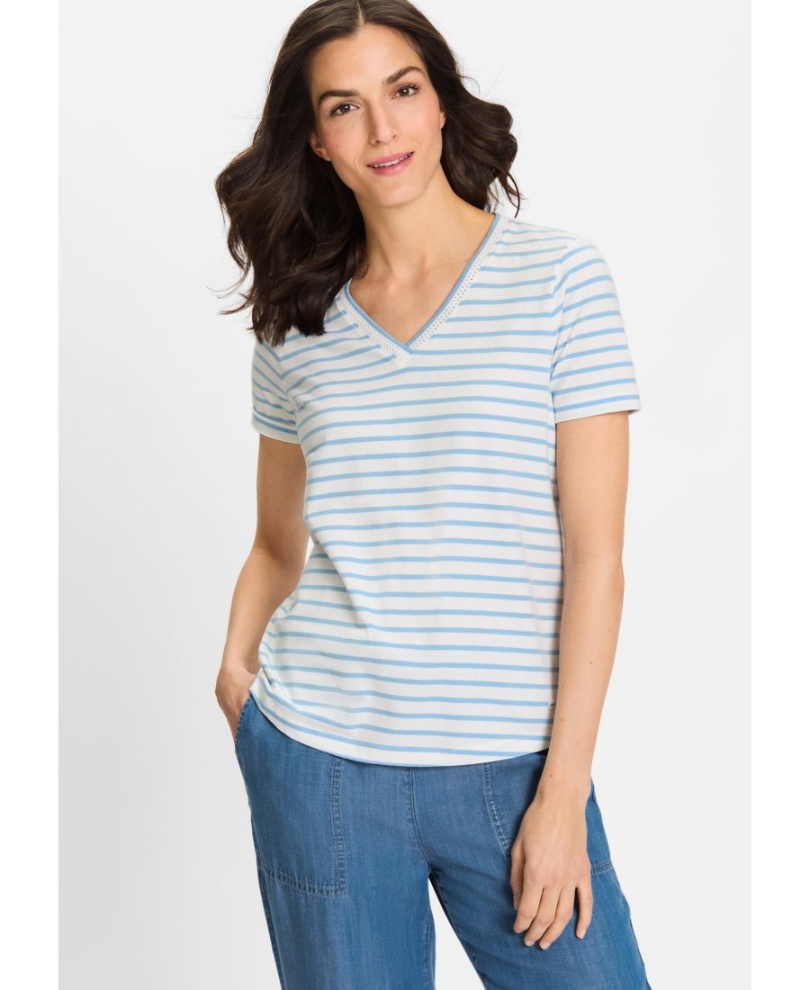 

Женская футболка с V-образным вырезом и полосатой вышивкой Olsen, Lt blue, Синий, Женская футболка с V-образным вырезом и полосатой вышивкой Olsen, Lt blue