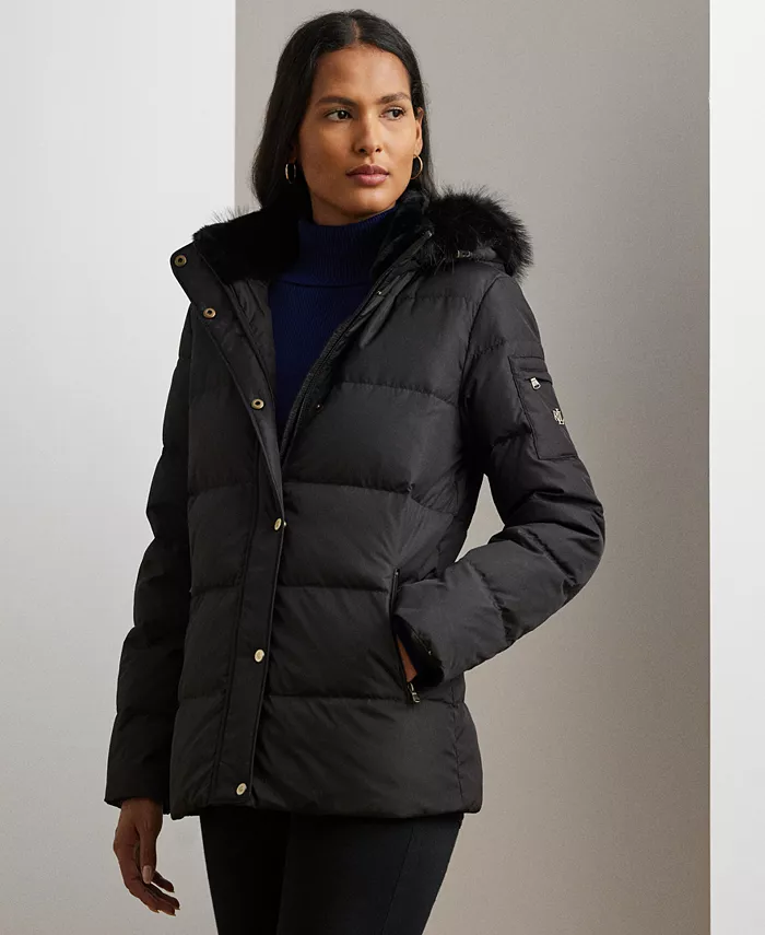 

Женское стеганое пальто с капюшоном из искусственного меха Lauren Ralph Lauren, черный