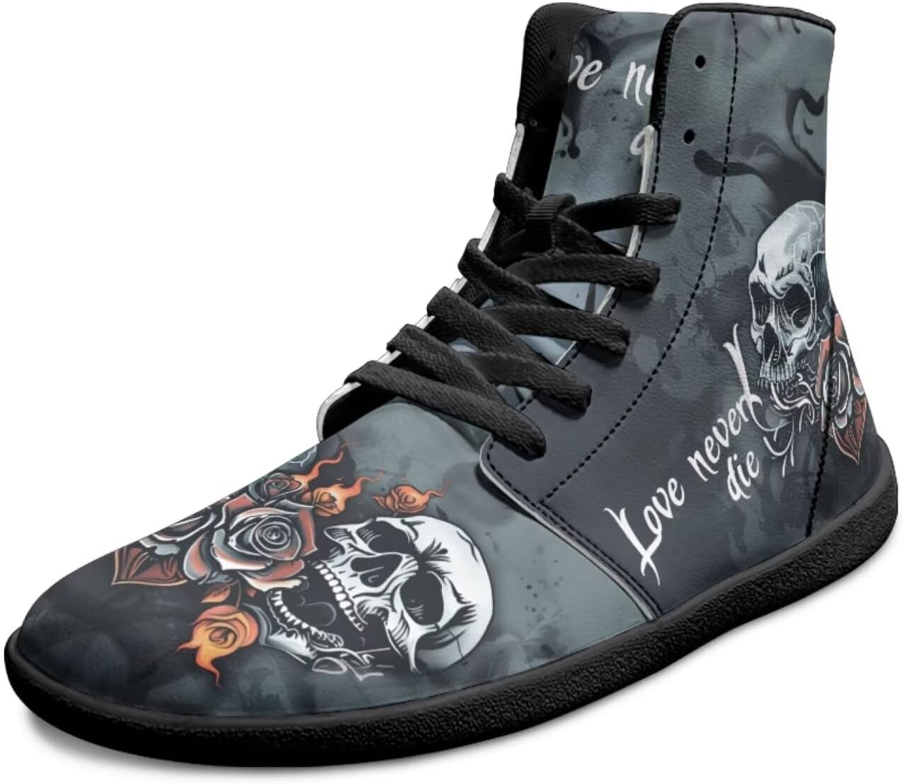 

Готические кроссовки с черепом без каблука для мужчин и женщин, высокие повседневные спортивные кроссовки для ходьбы, противоскользящие, с нулевым перепадом, модные кеды Chririnla, серый