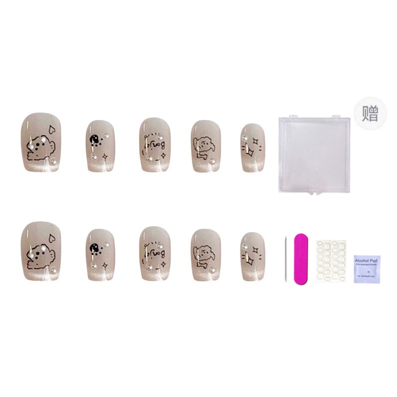 

French Puppy Versatile Instagram Style Cartoon Cute Hand Drawn False Nail Short Ladder Nude Smudge 16mm ORANOT, Short Ballerina M, Suitable For Chubby Hand[Includes Storage Box]16-12-13-12-9