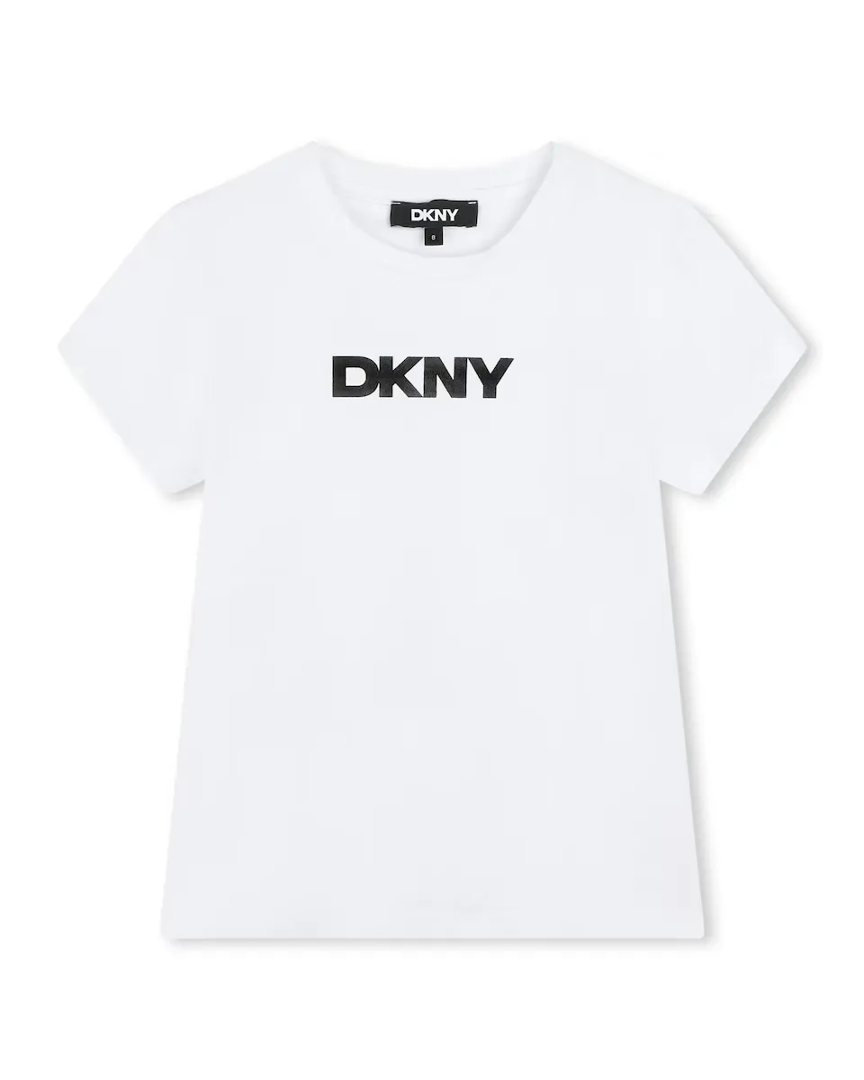 

Футболка для девочки с короткими рукавами и контрастным логотипом DKNY, белый