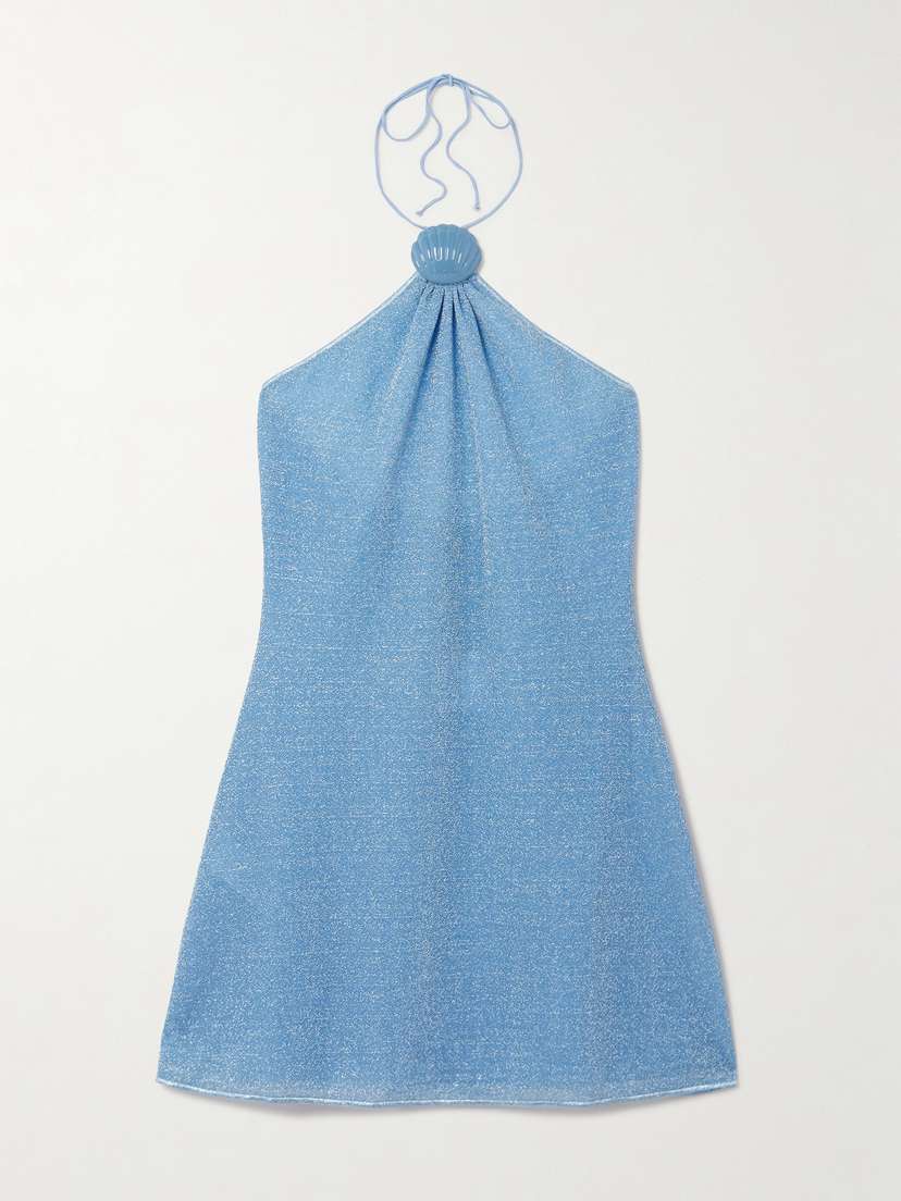 

Платье мини эластичной вязки Lumière с аппликацией металлизированного цвета и вырезом халтер. Oséree, голубой