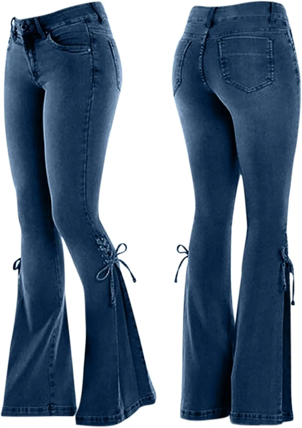 Женские джинсы с кружевной шнуровкой bell bottom, mid waist, stretchy — фото 2
