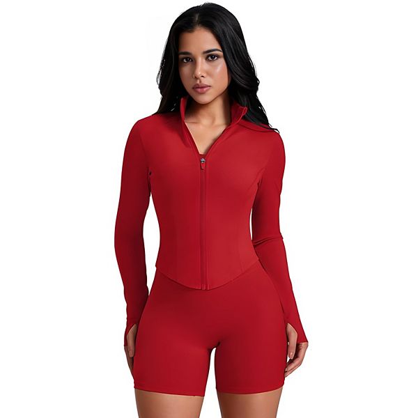 

Женская легкая укороченная куртка на молнии для тренировок с отверстиями для большого пальца Megaretailer