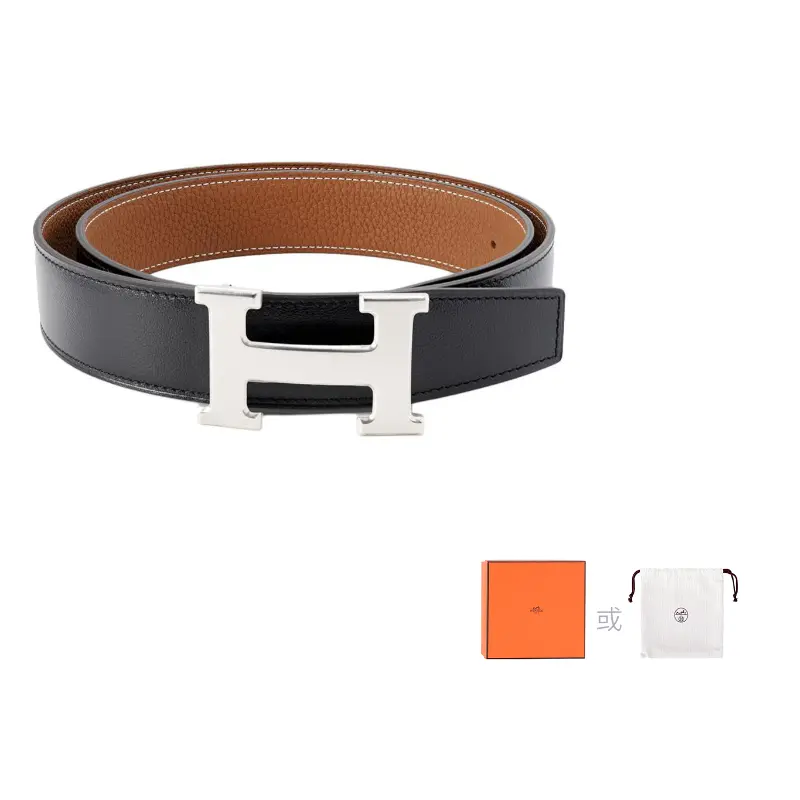 

HERMES Мужской ремень из коровьей кожи черный с золотым ширина 3.2 см, Black/Gold