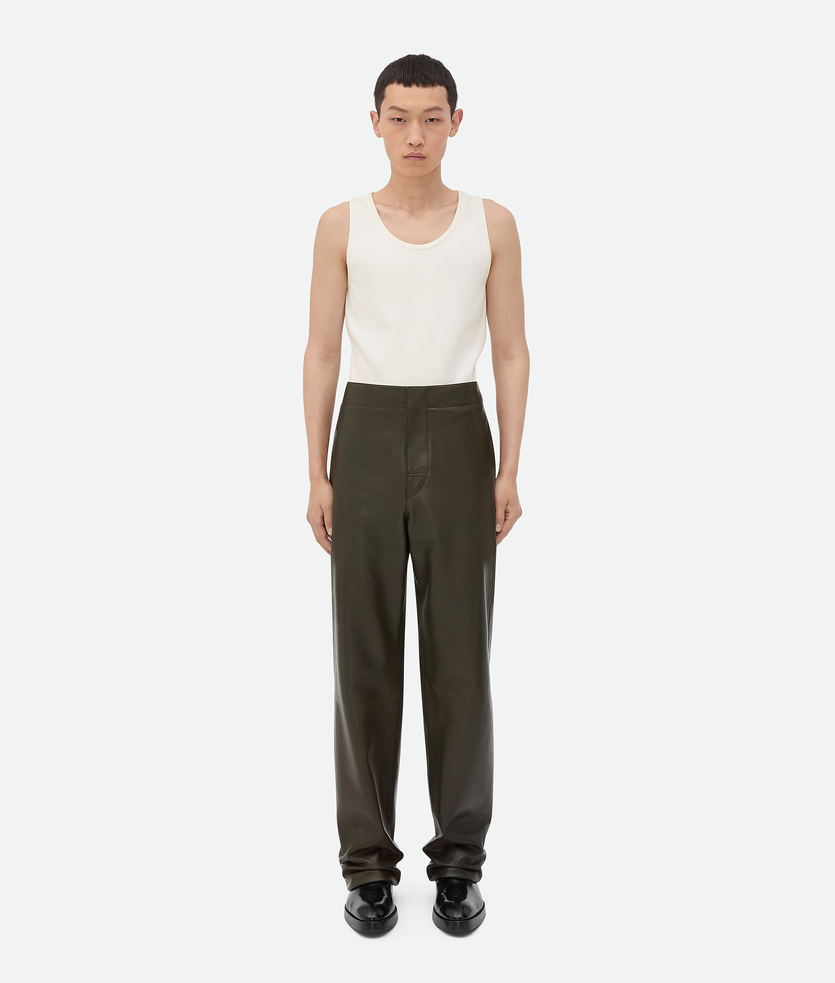

Кожаные широкие брюки Bottega Veneta, темно-оливковый
