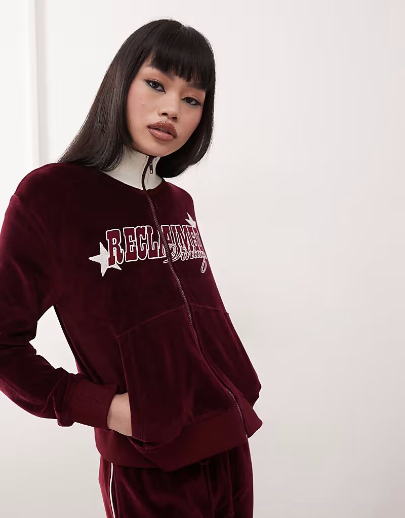 

Спортивная куртка Reclaimed Vintage Velour на молнии бордового цвета