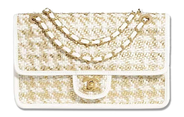 

CHANEL Сумка-клапан из овчины, ранняя весна, 23C, через плечо, наплечная сумка, среднего размера, женская, золотисто-белая
