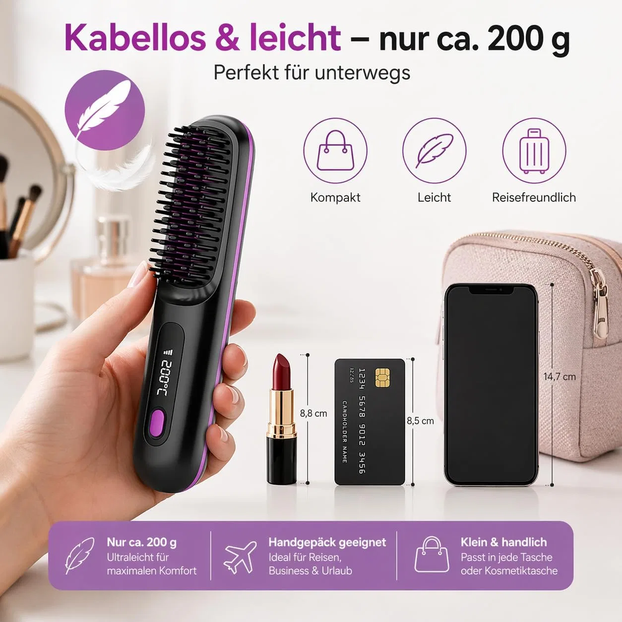Беспроводная щетка-выпрямитель для коротких волос «Bliss Styling» от Luma Xjq, Rosa — фото 2