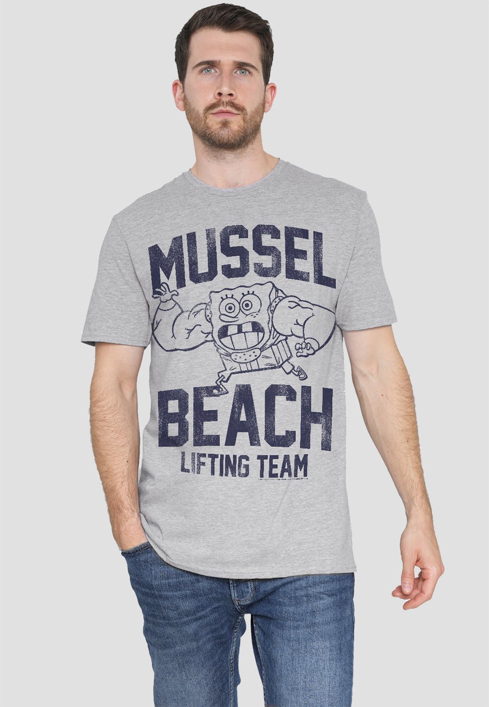 

Футболка с принтом SPONGEBOB MUSSLE BEACH LIFTING TEAM Cotton Soul, серый
